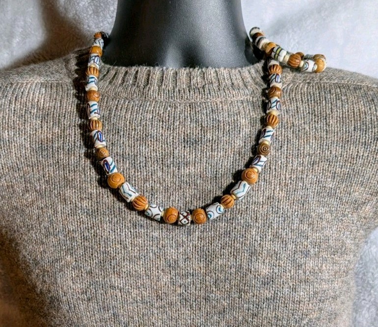 Men’s 24in Tribal Necklace and 8in sizeable Bracelet, White Krobo, for healing