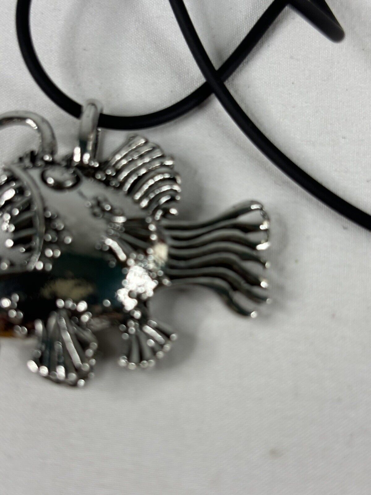 Angler Fish Tiki Necklace Silver Tone Metal Black Cord Surfer Beach Cute