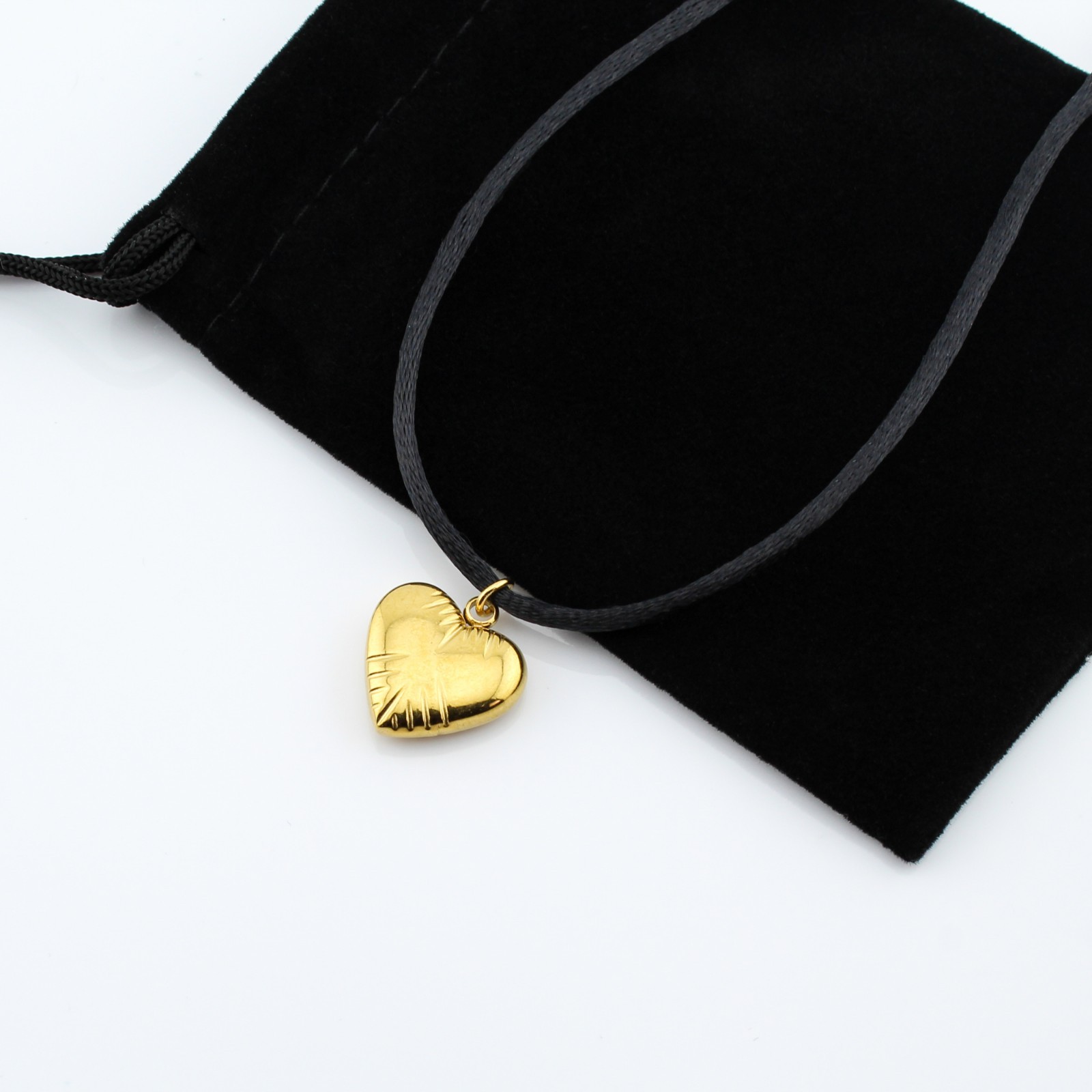 Gold Heart Pendant Necklace Satin Silk Cord Stainless Steel Women Girls Gift