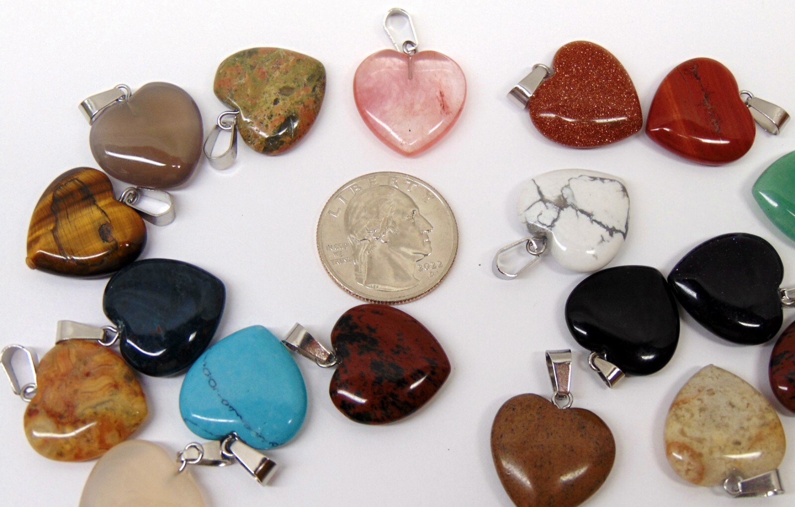 Ten Different 20mm GemStone Heart Pendants Mix with bail to make necklace 3/4″