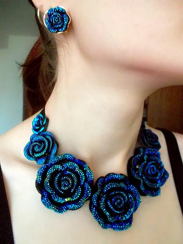 Blue Resin Flower Necklace Earrings Set Women Chunky Statement Jewelry New Gift