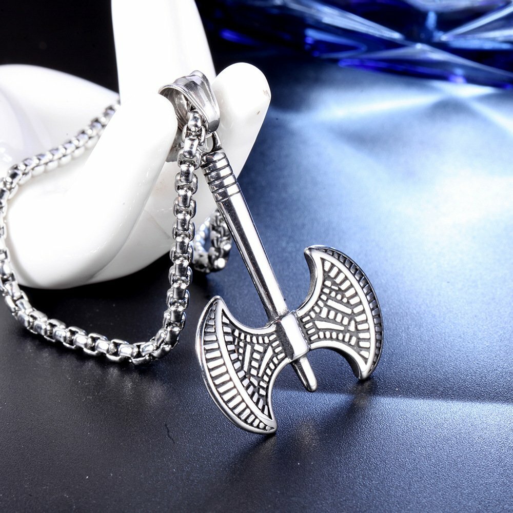 MENDEL Mens Boys Stainless Steel Punk Biker Viking Axe Pendant Necklace For Men