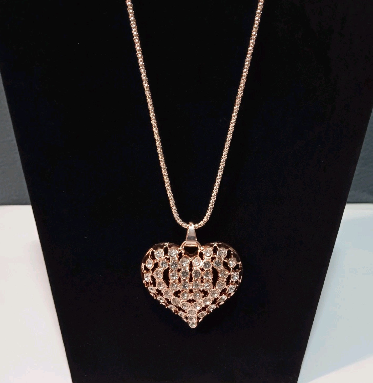 Rose Golden Hollow Heart Pendant Necklace W/Sparkling Rhinestones. Free Shipping