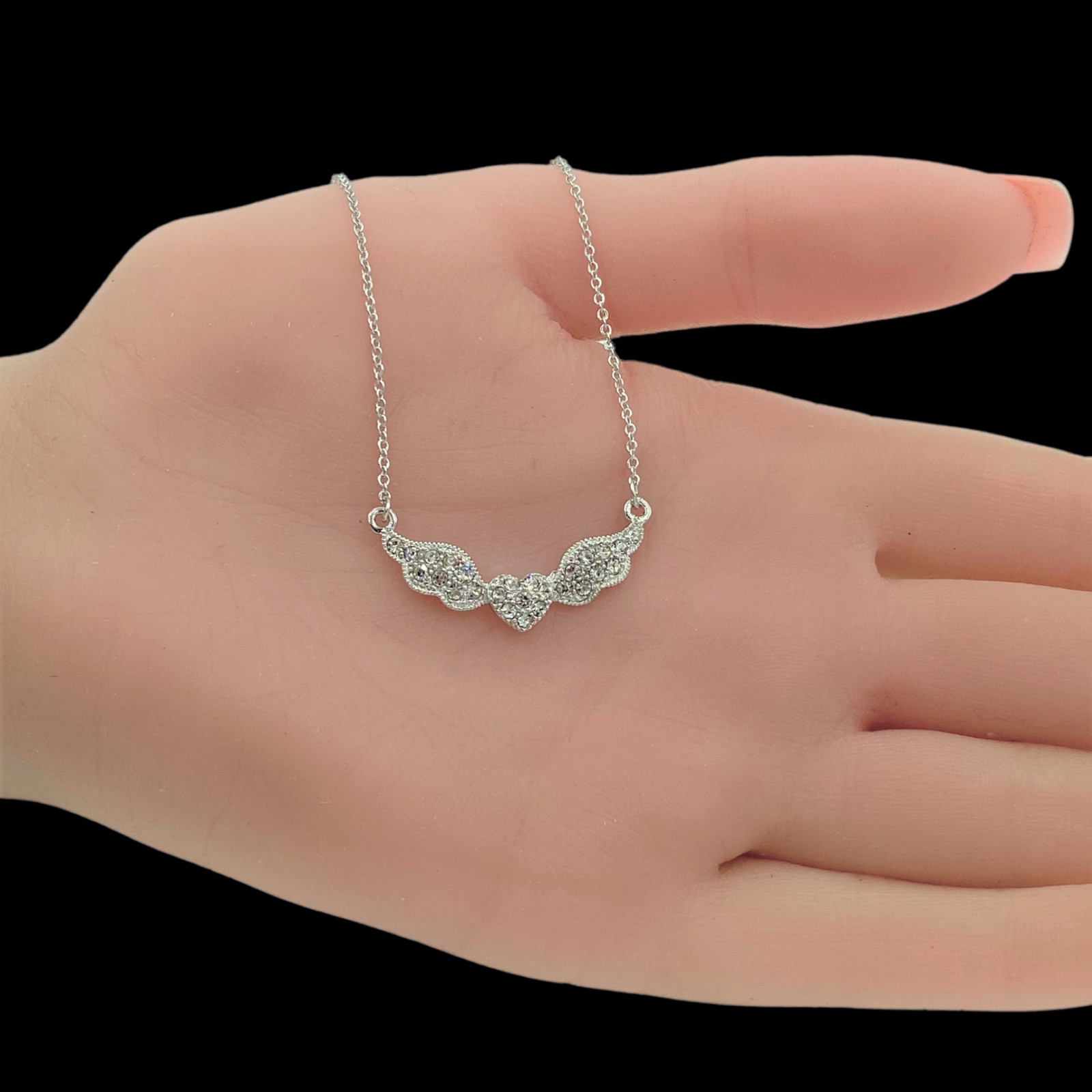 Crystal Heart and Wings Pendant Necklace White Gold