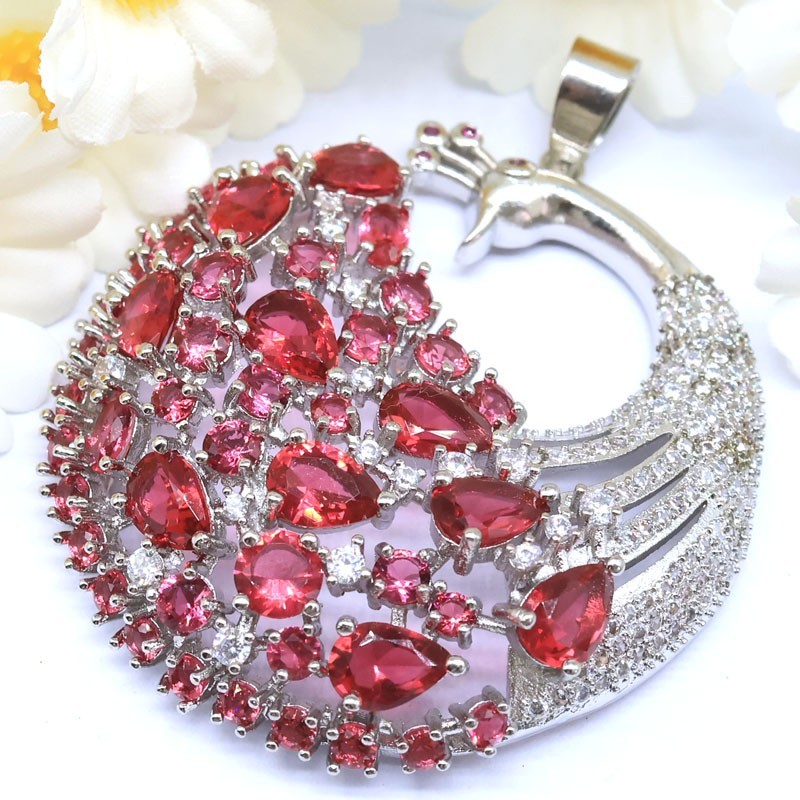 Eye Catching Big Peacock Shape Rhodolite Garnet CZ Women Silver Plated Pendant