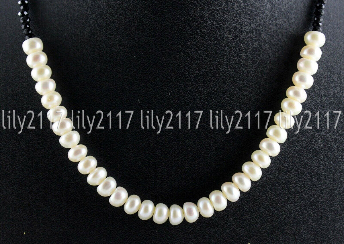 3mm Bright Black Spinel Round Gems 7-8mm Natural White Rondelle Pearl Necklace