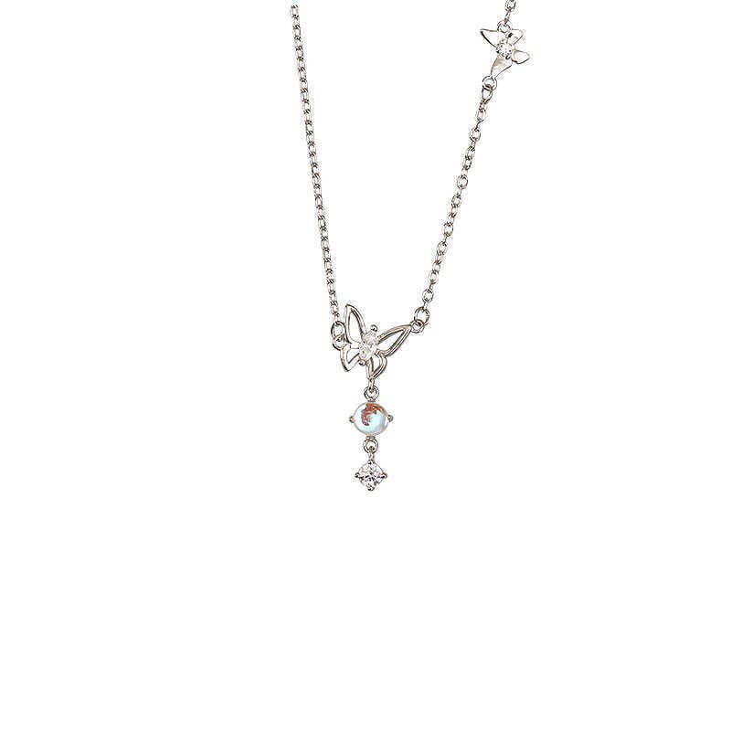 Silver Butterfly Necklace with Zircon Pendant for Women
