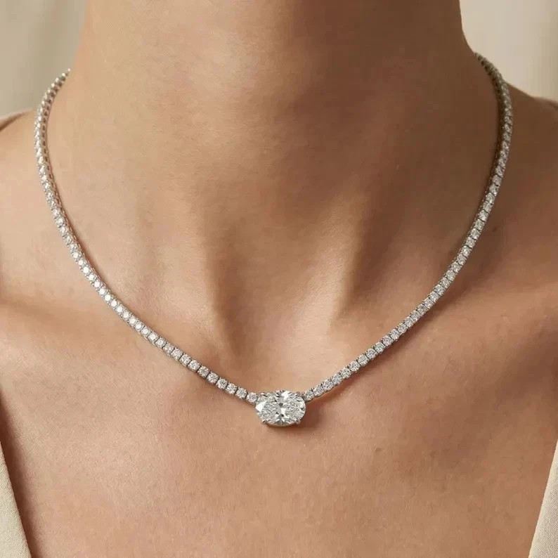 15TCW Oval Cut Lab Created Diamond Tennis Necklace 14k White Gold Plated