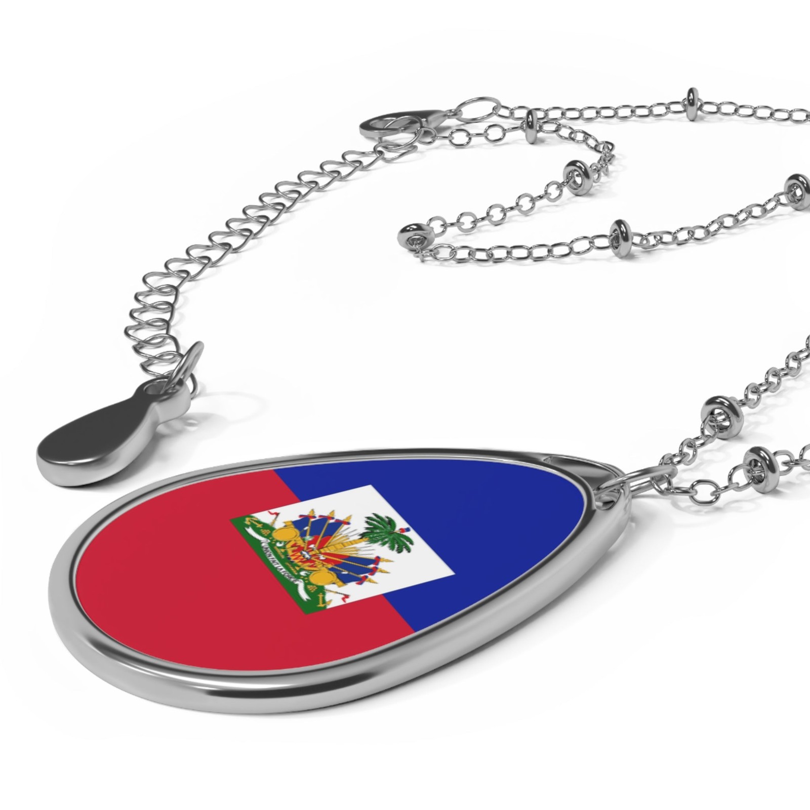 Haiti Flag Oval Necklace – Haitian Heritage Pendant – One Size / Silver