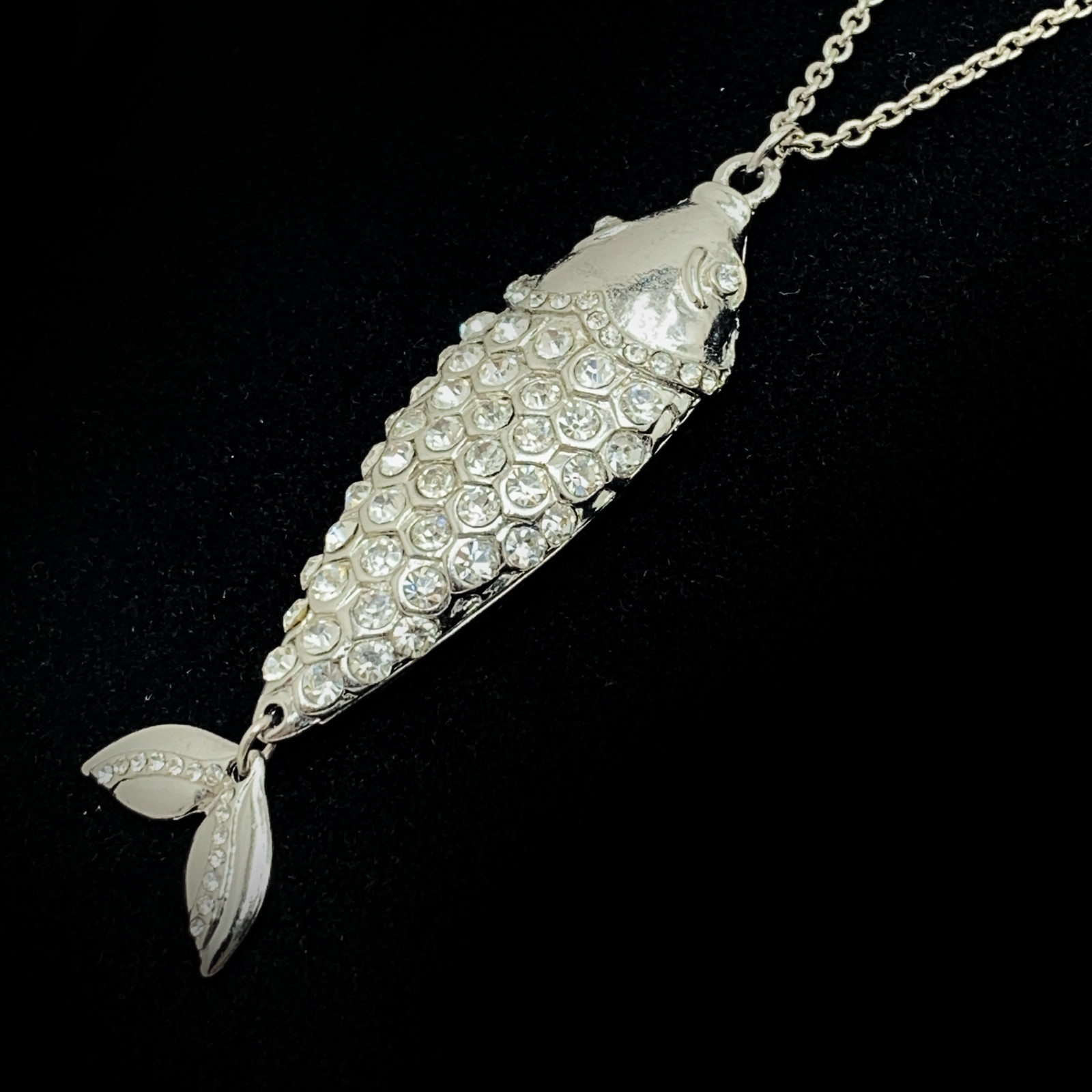Fish Pendant Sparkly Pave Rhinestone 32 in Long Silver Tone Chain