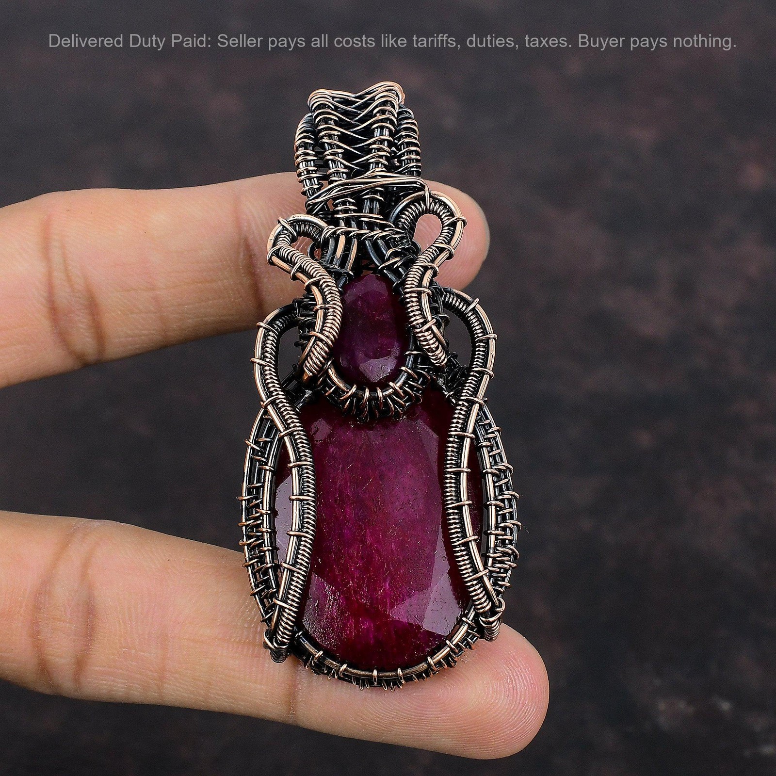 Oval Natural Kashmir Rubi Copper Anniversary Sister Wire Wrapped Pendant Jewelry