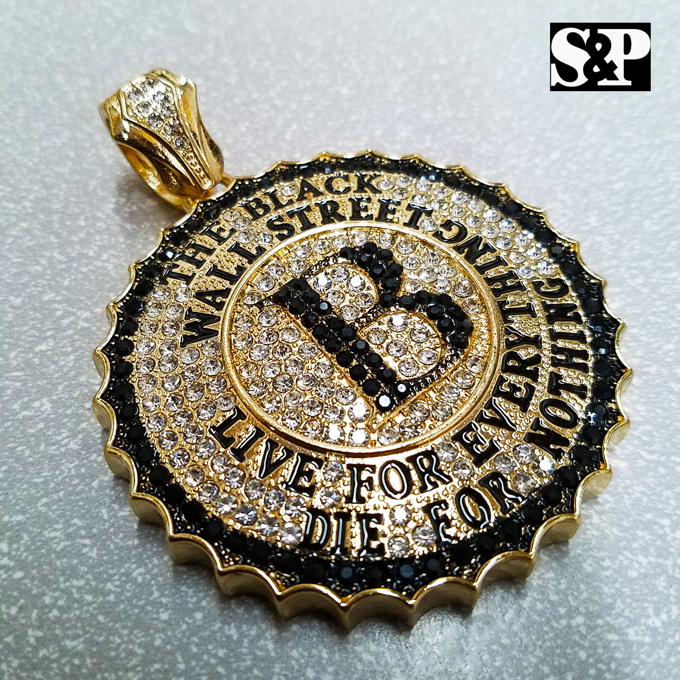 ICED HIP HOP CUBIC ZIRCONIA GOLD PLATED ALLOY THE BLACK WALL STREET PENDANT