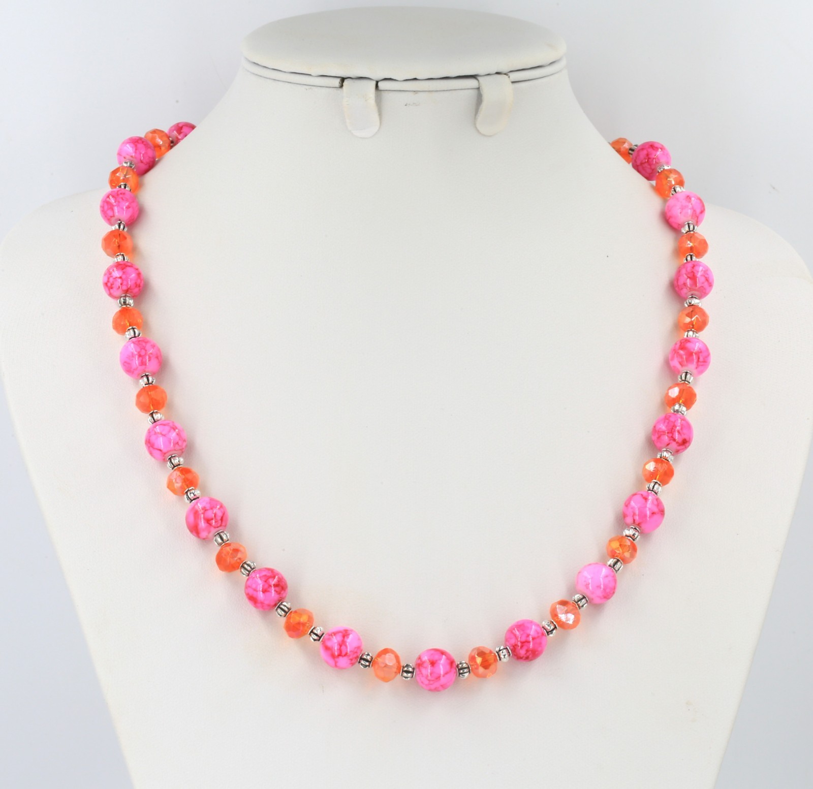 Colourful bright pink mottled glass & orange glass crystal bead silver necklace