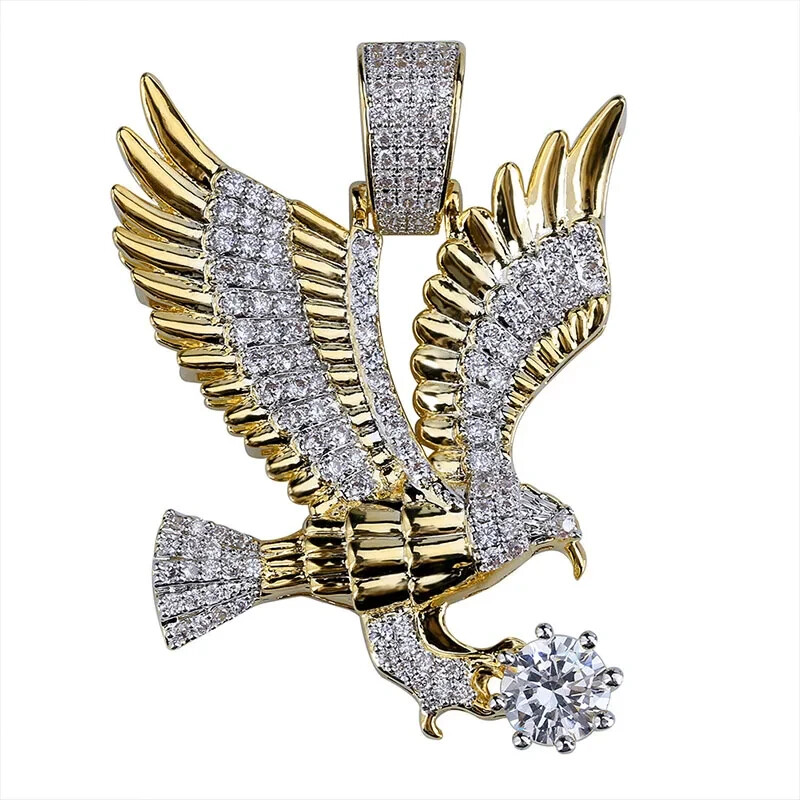 Iced Eagle Charm – Gold Tone Pendant w/ 24″ Chain – Men’s Hip Hop Jewelry