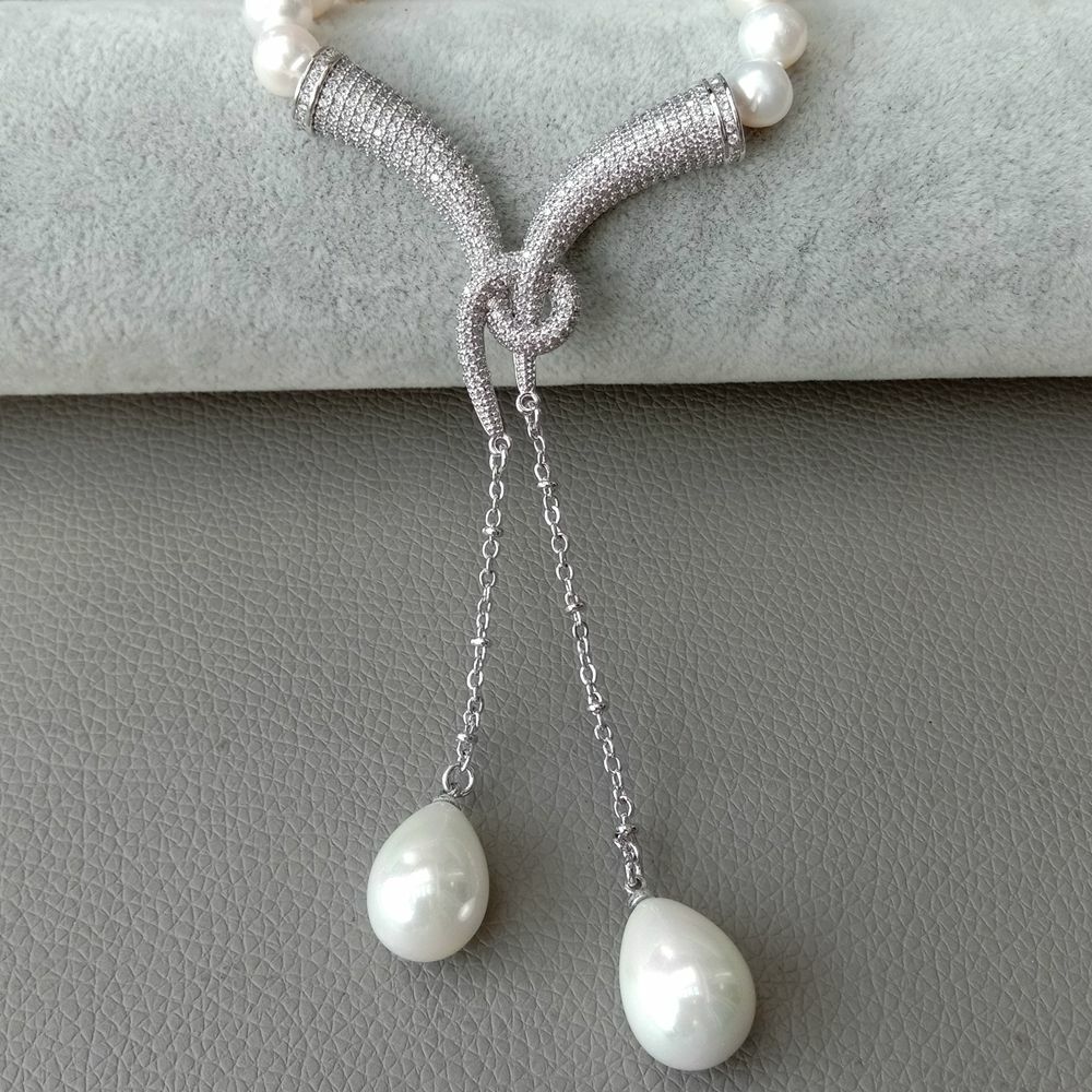 Cultured White Pearl Necklace White Sea Shell Pearl cz pave Pendant 20″
