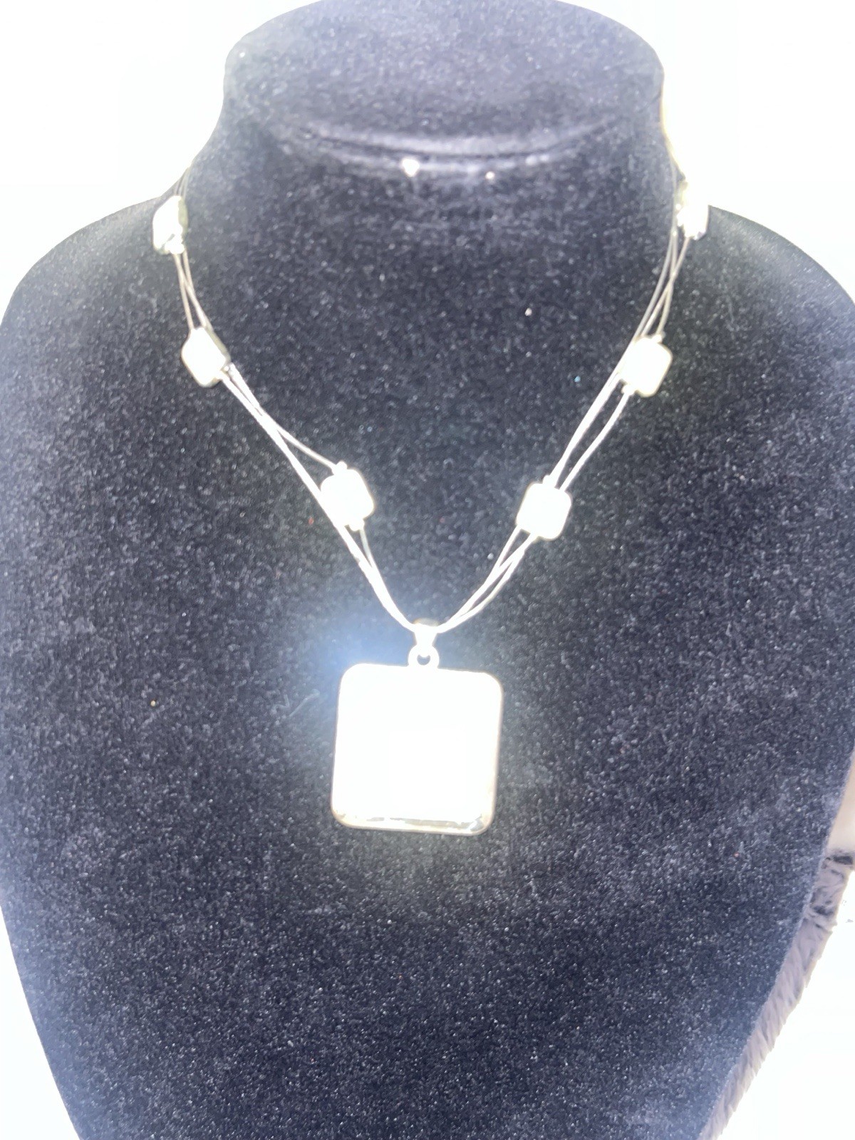 Silver Tone Metal Cable Chain Necklace Square Charm Pendant Adjustable