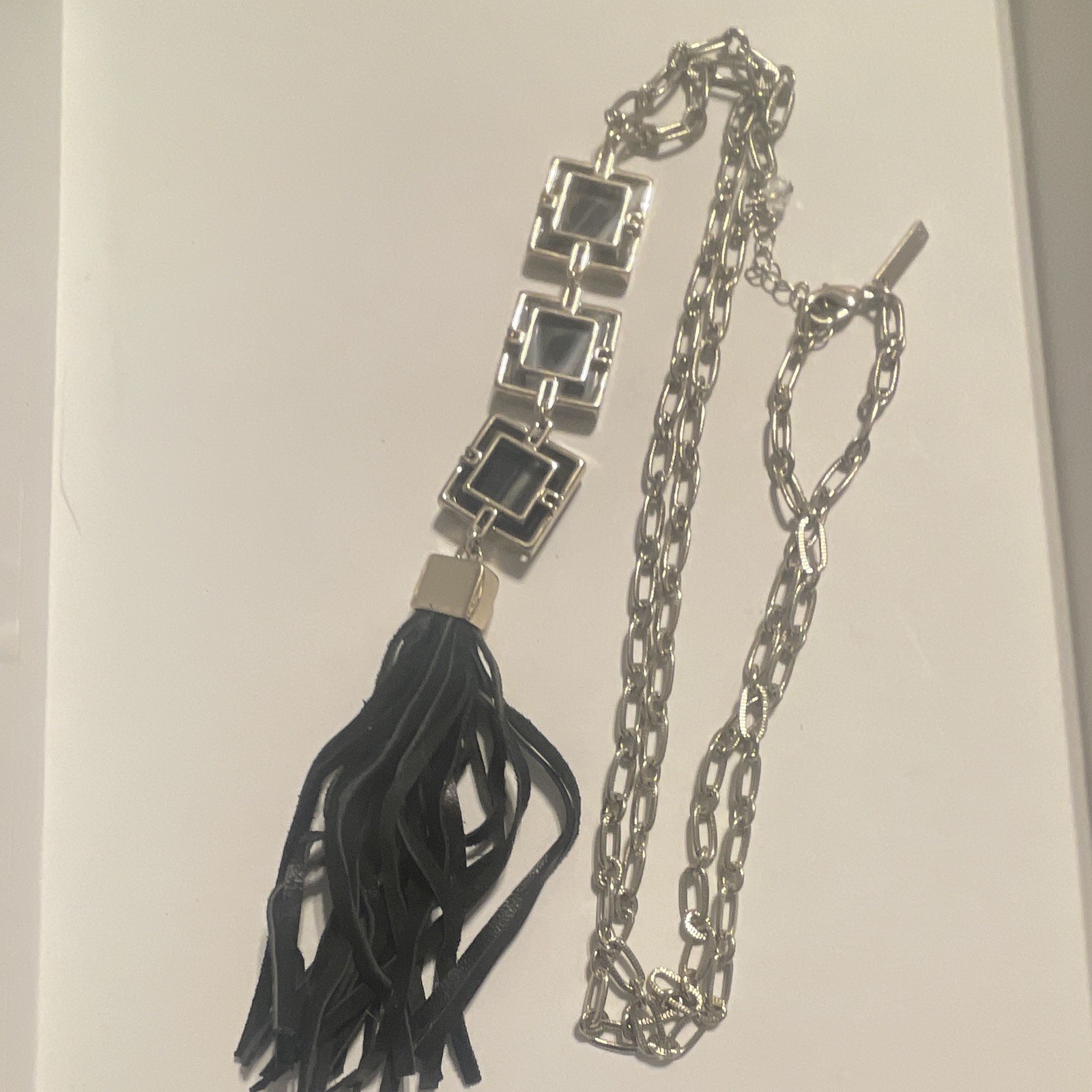 Silver Tone Cable Chain Necklace Agate Square Pendant w/ Tassel Adjustable