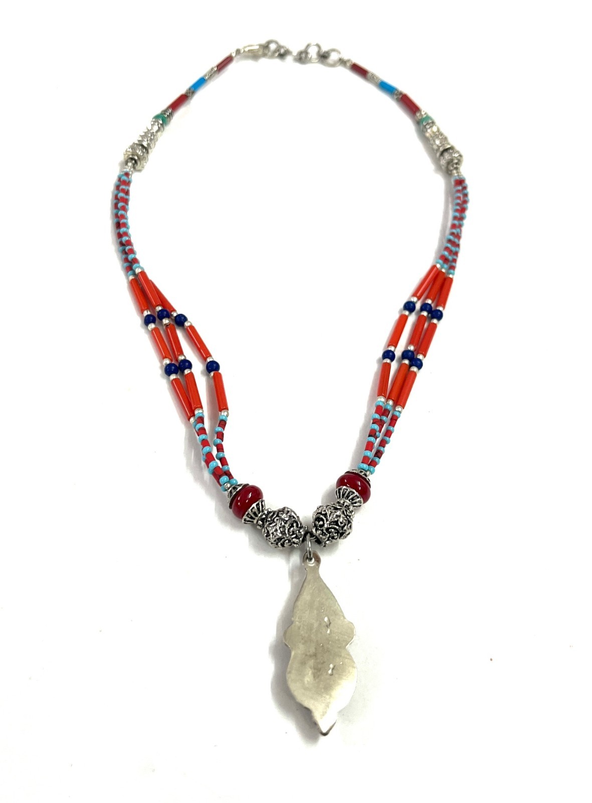 Art Deco Red Coral Turquoise Gemstone Tibetan Necklace Jewelry, 16 inch Adjust