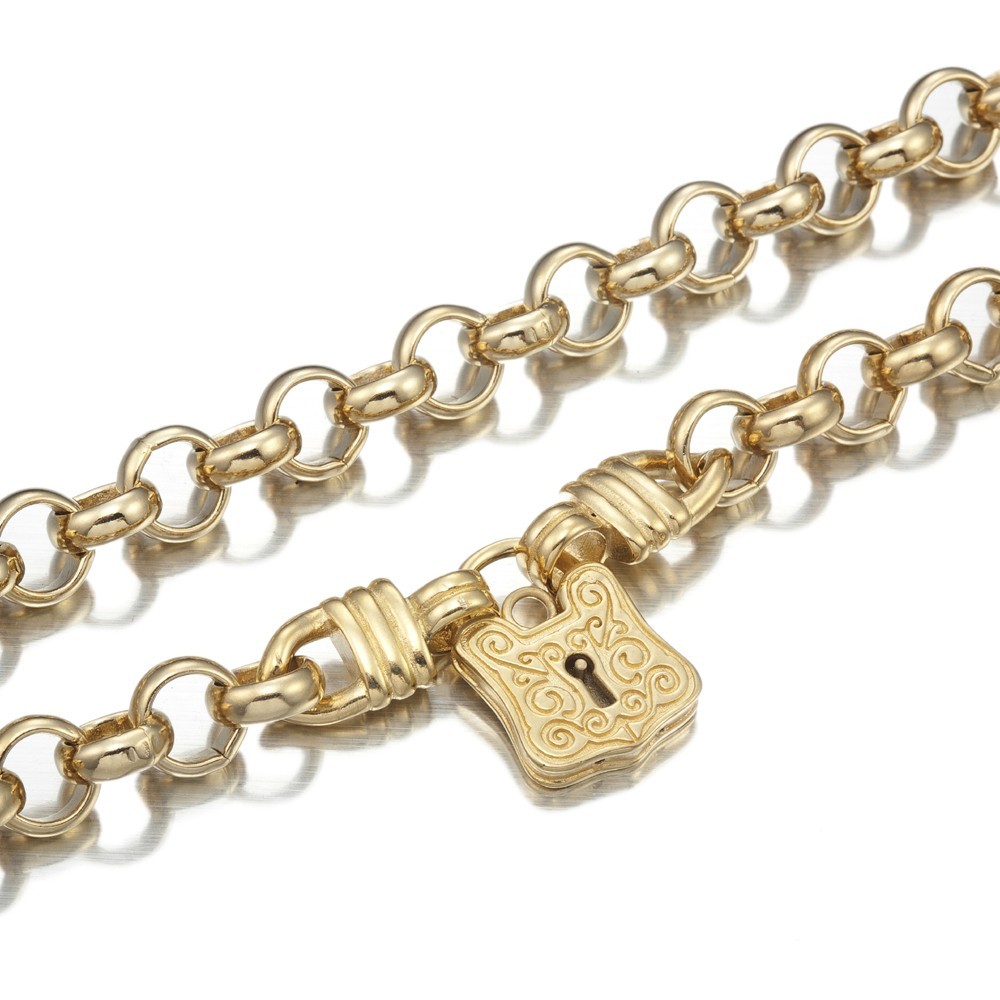 18K GL Thick Solid Belcher Yellow Gold Necklace Antique Style Keyhole Padlock