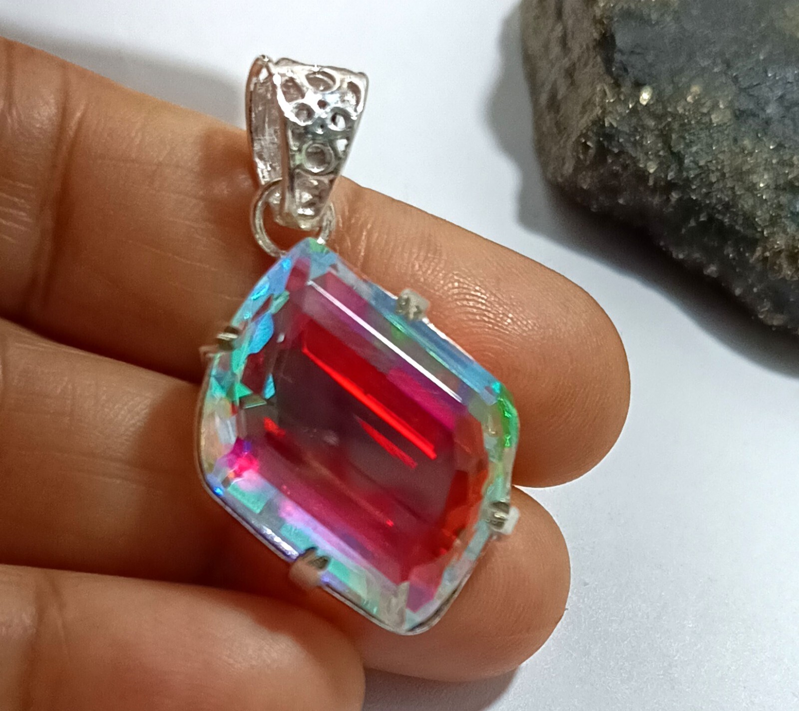 45.57 Ct EGL Certified Natural Mystic 925 Solid Silver Pendant Loose Gemstone