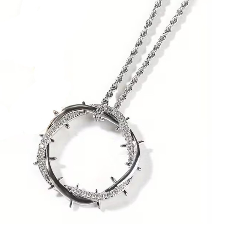 Silver Jesus Crown of Thorns Pendant Necklace Christian Faith Cross Chain Charm