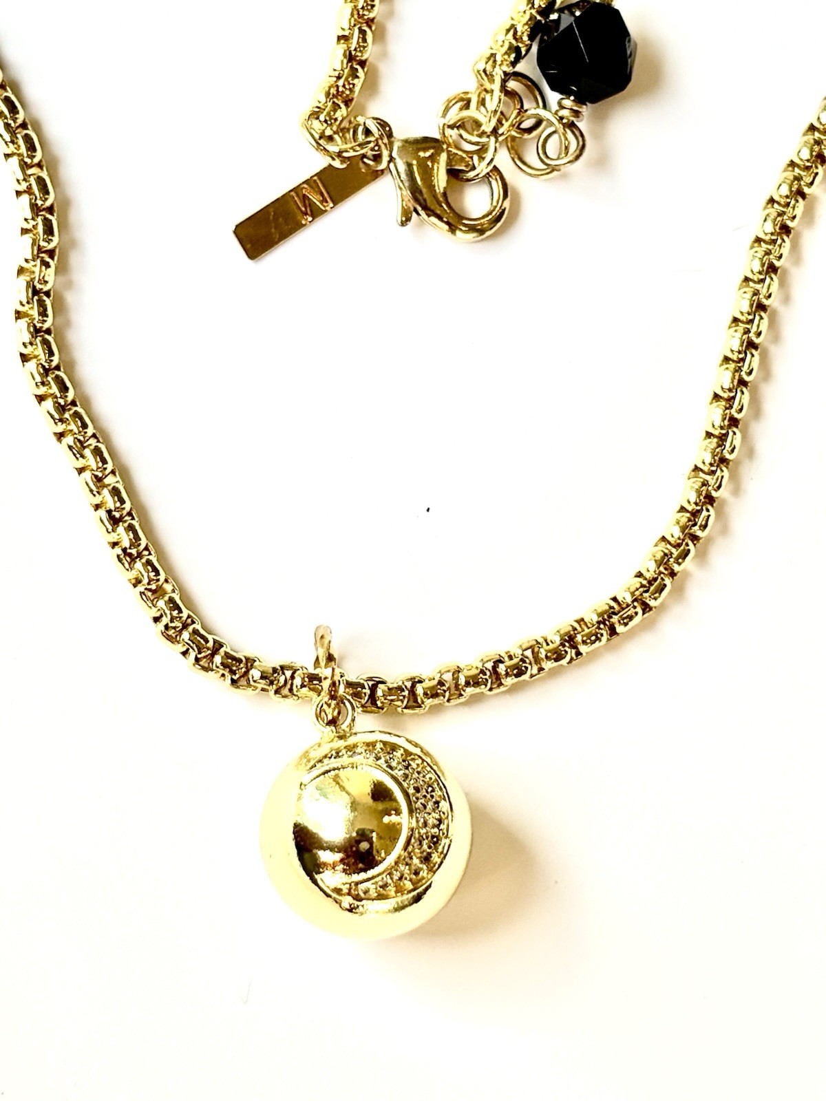 Pave Moon Ball Gold Tone Pendant with Stars Rounded Box Chain Necklace 16″ – 18″
