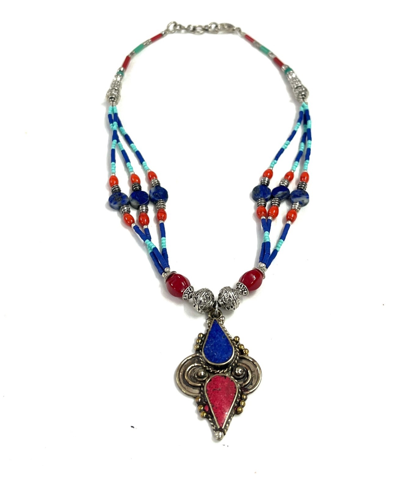 Antique Lapis Coral Gemstone Tibetan Statement Necklace Jewelry, 17 inch Adj