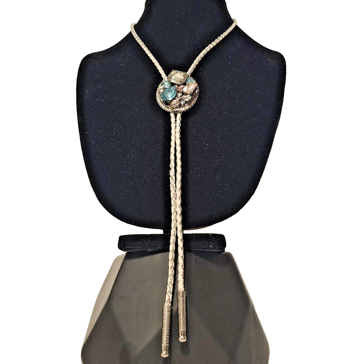 VTG White Silver Tone Braided Bolo Tie Chunky Crystal Prong Set Stones SW GLAM