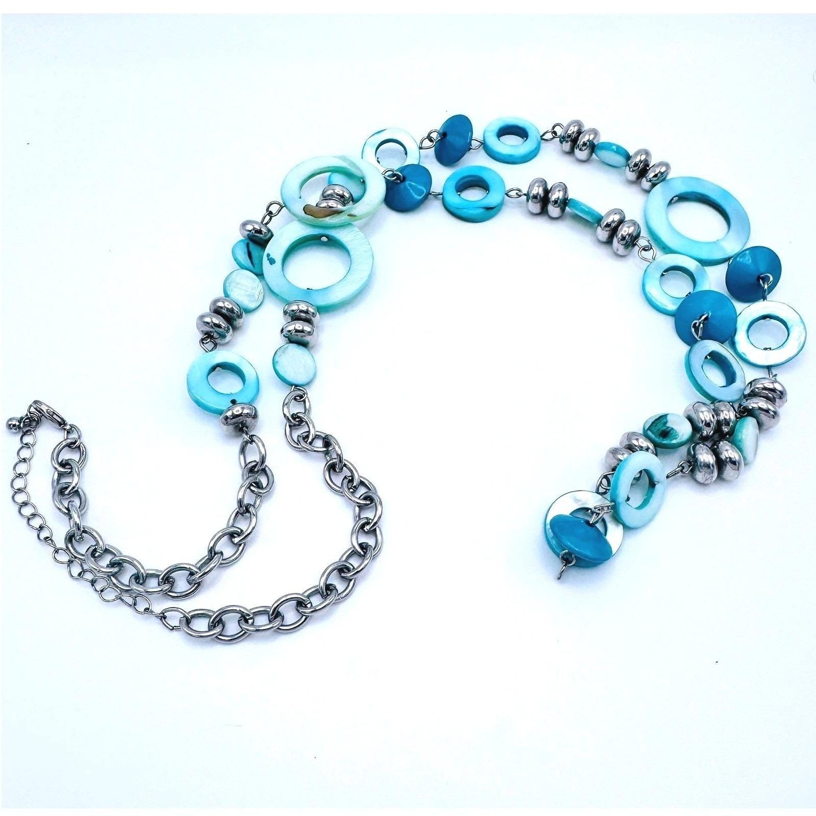 Long Boho Shell Necklace Blue Aqua Chunky Coastal Silver Tone Statement 36″ Y2K