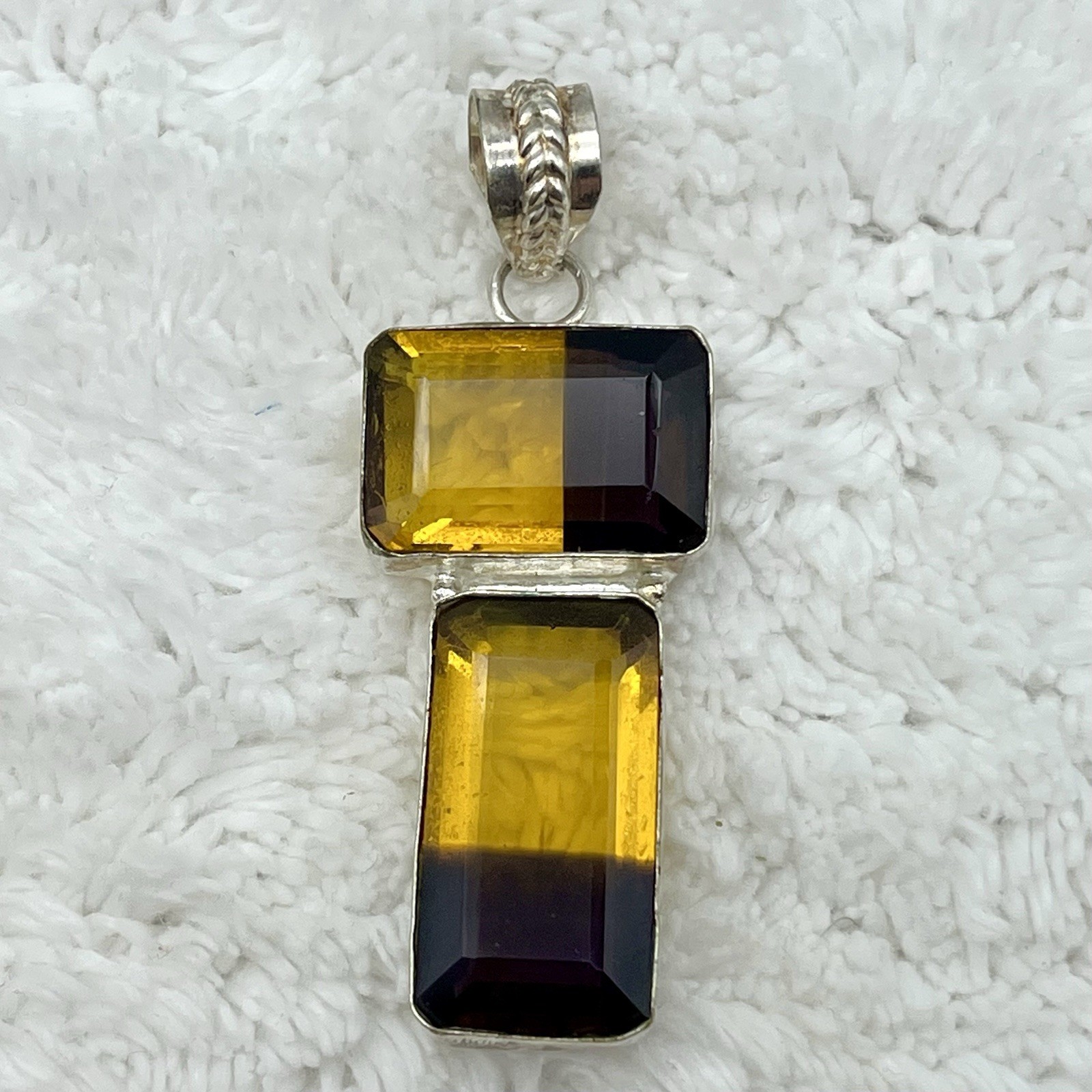 Modernist Pendant Geometric Bi Color Glass Rectangle Silver Tone Statement 2.5