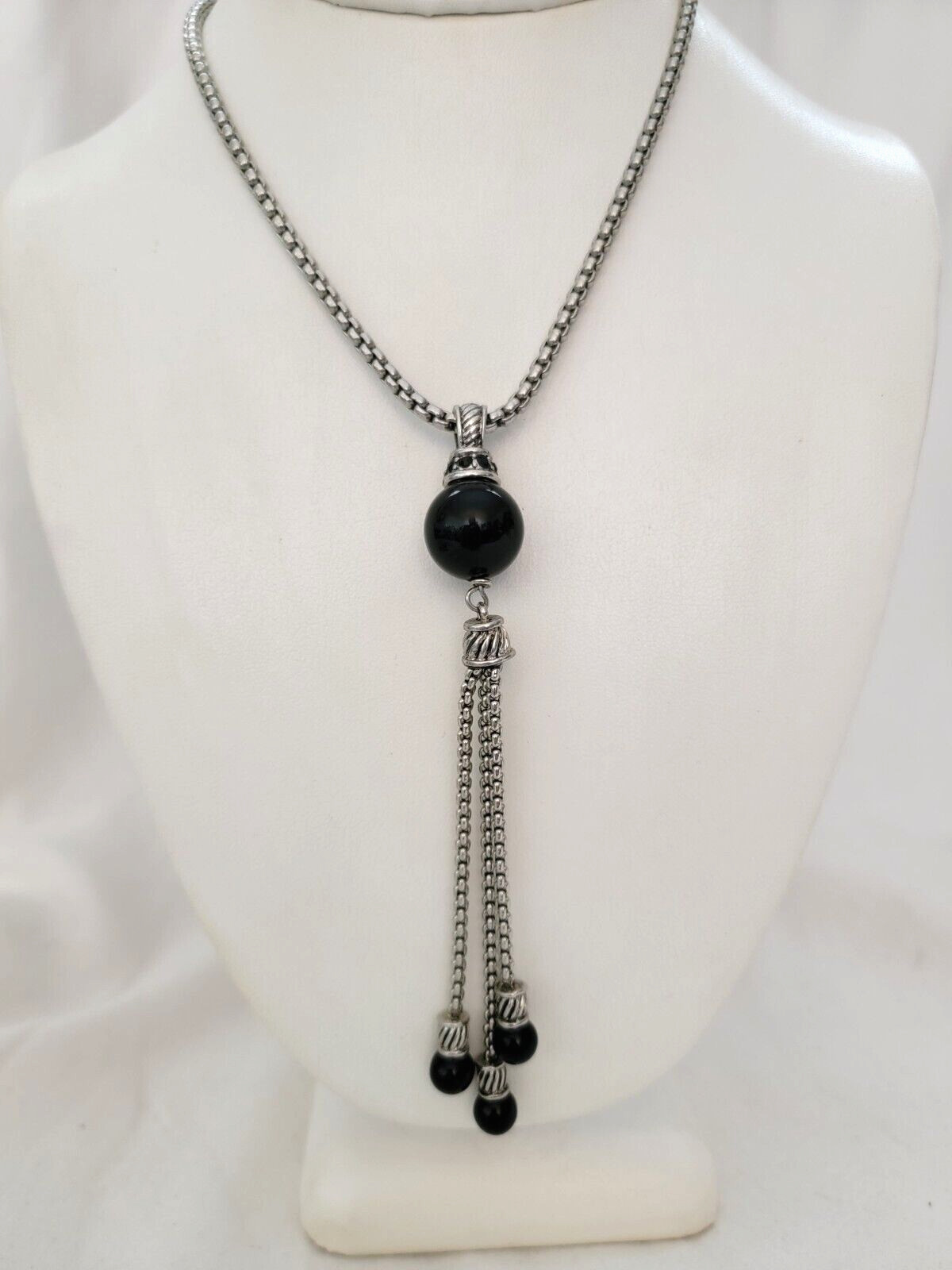 Lariat Style Dangle Tassel Black Beads Pendant Venetian Box Chain Necklace 18″ L