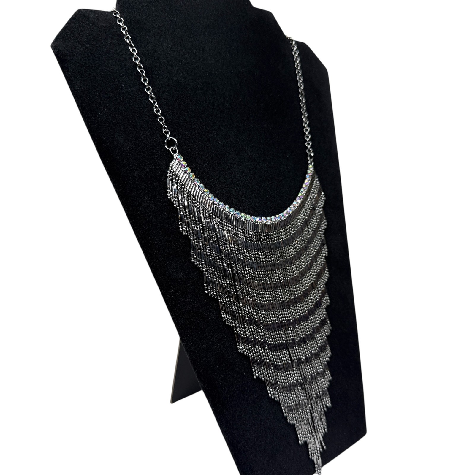 Antque Silver Tone Fringe Bib Statement Necklace Iridescent Crystal Accents
