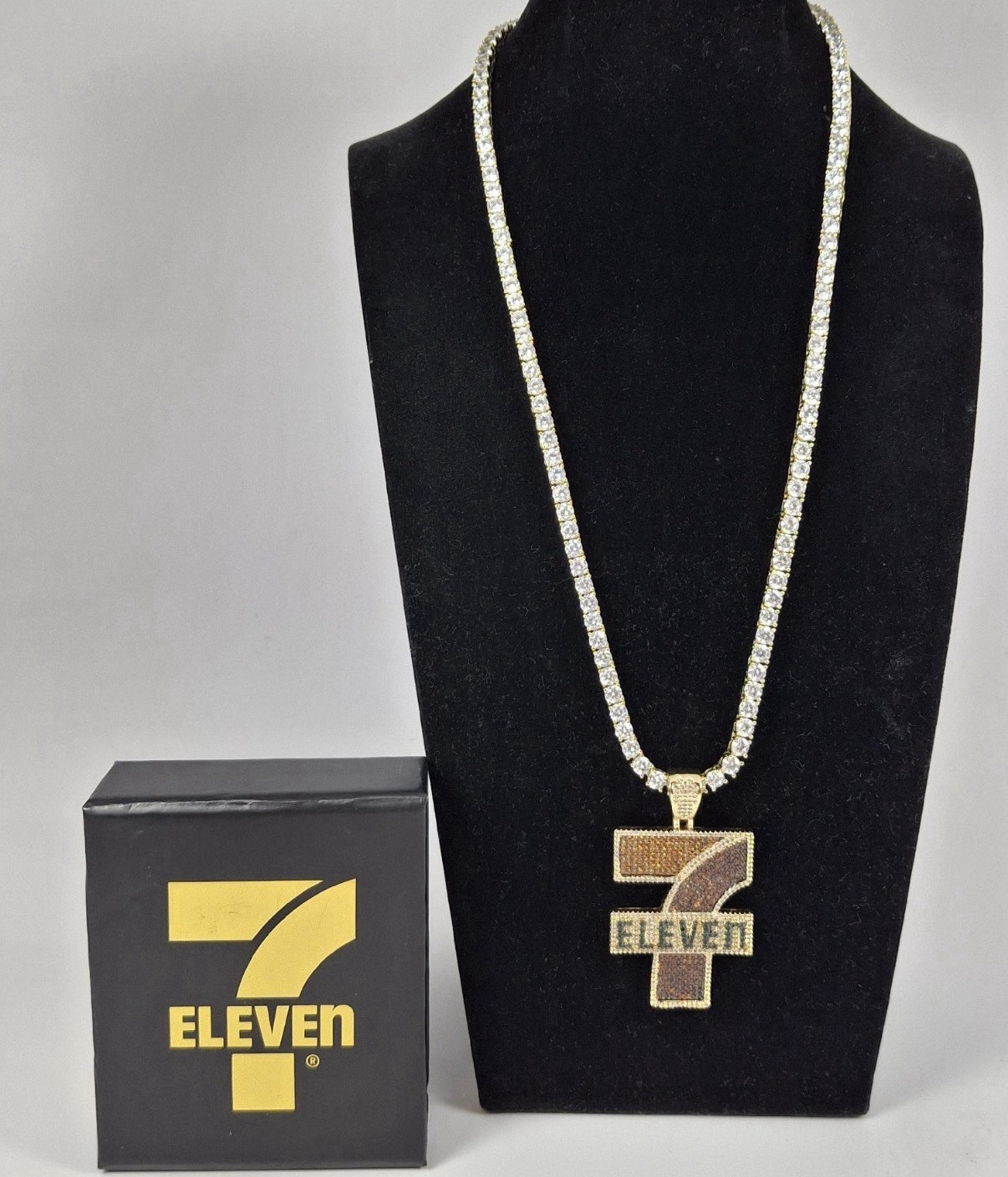 King Ice x 7-Eleven Gold Tone CZ Pendant Necklace Tennis Chain w/ Box Authentic