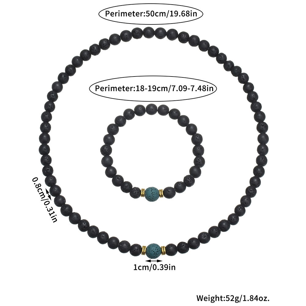2Pcs Natural Lava Rock Stone Elastic Beaded Handmade Bracelet and Necklace Set