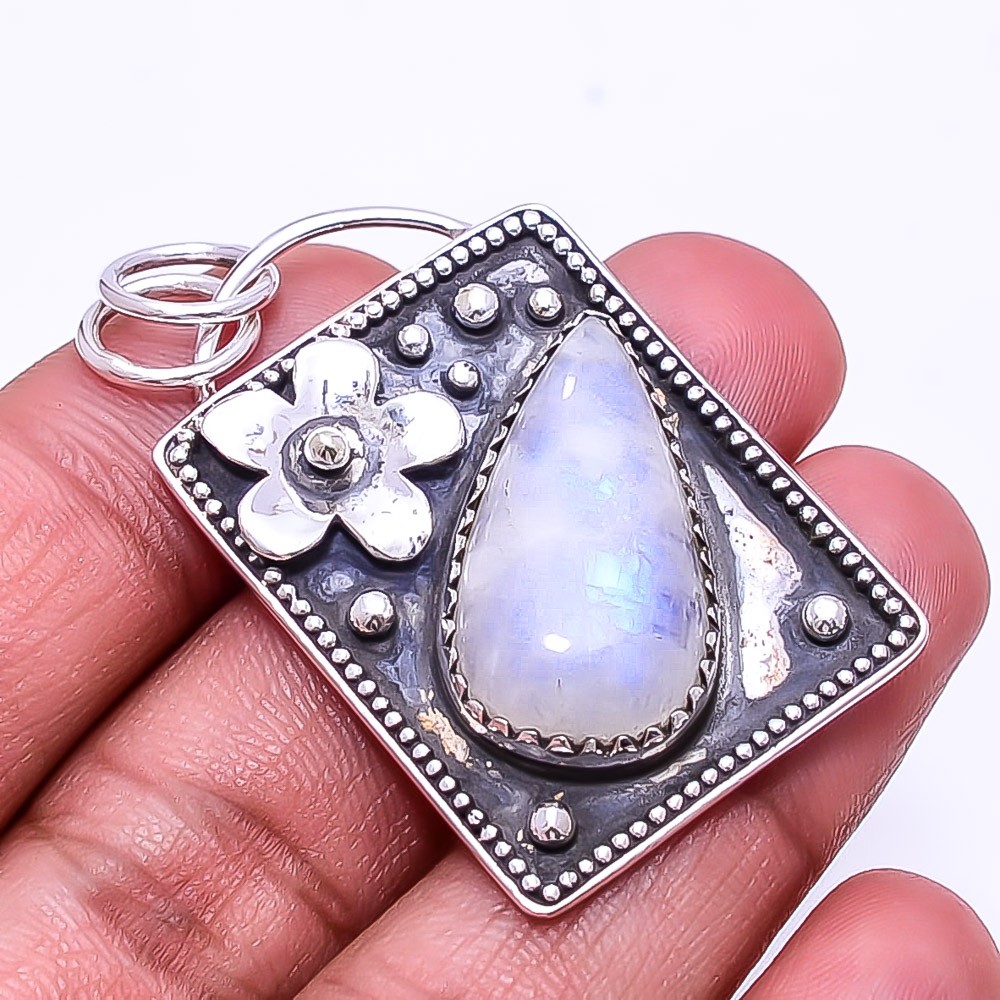 Rainbow Moonstone – India Oxidised Designer 925 Sterling Silver Pendant 1.76″P53