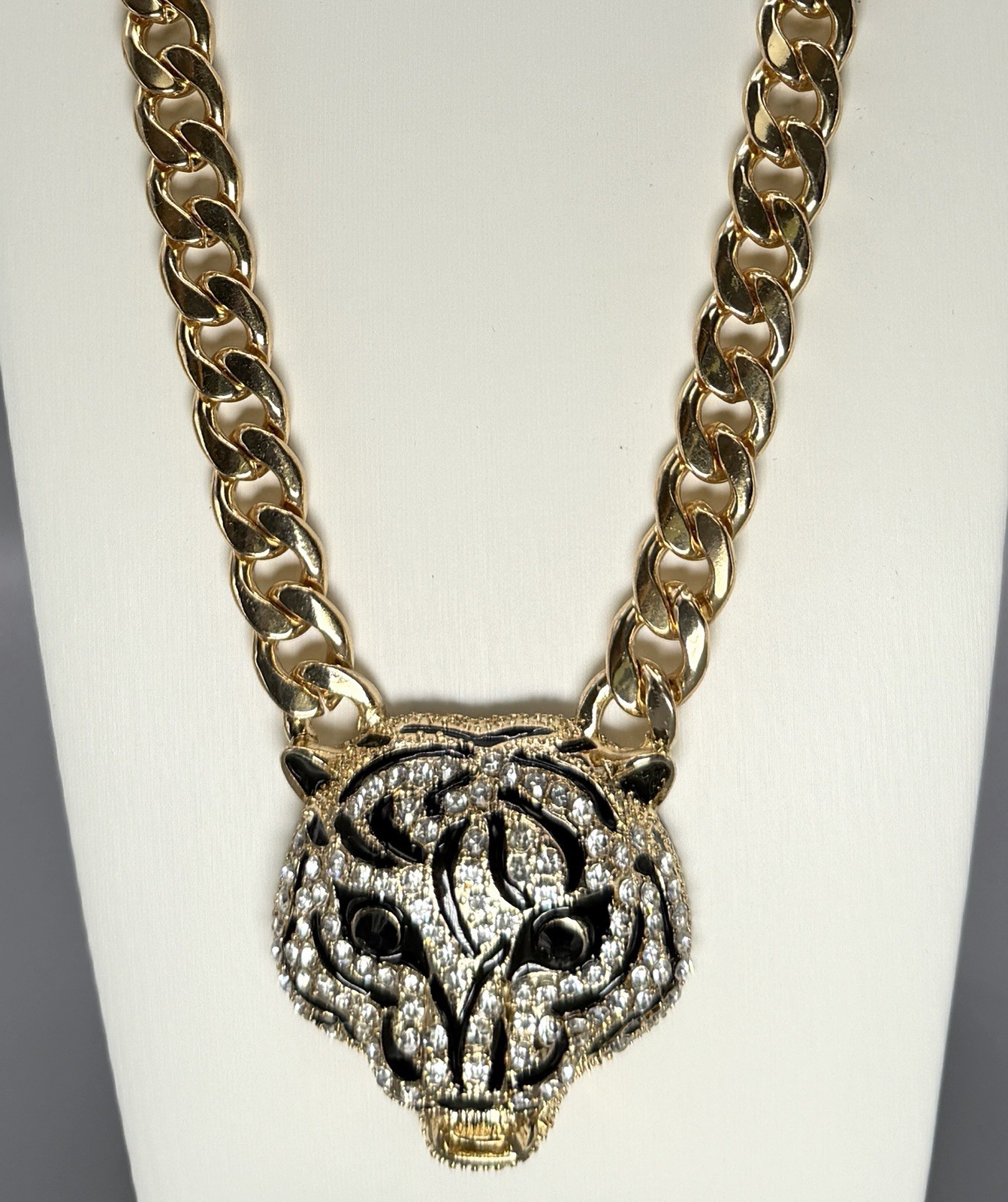 Natasha Leopard Panther Necklace Gold Tone Rhinestone Black Enamel Statement