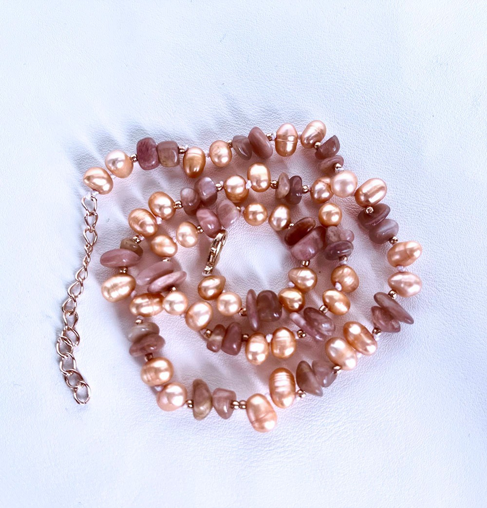 5-8mm chip orange sunstone 6-7mm oval freshwater pearl necklace 15″1/2-17″1/2