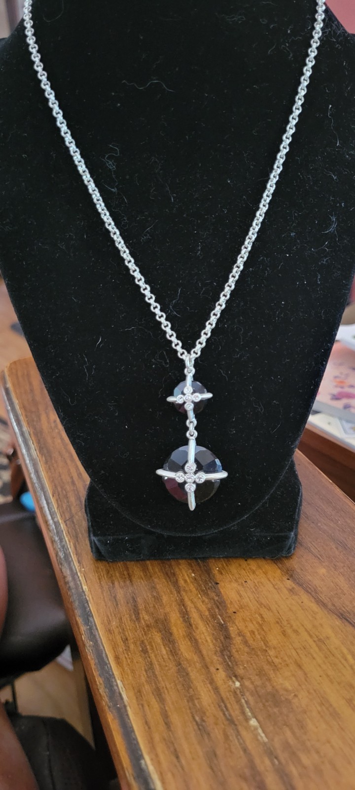 Silver Tone Pendant Necklace w/ Black Crystal Bead Lobster Clasp Bastian Brother