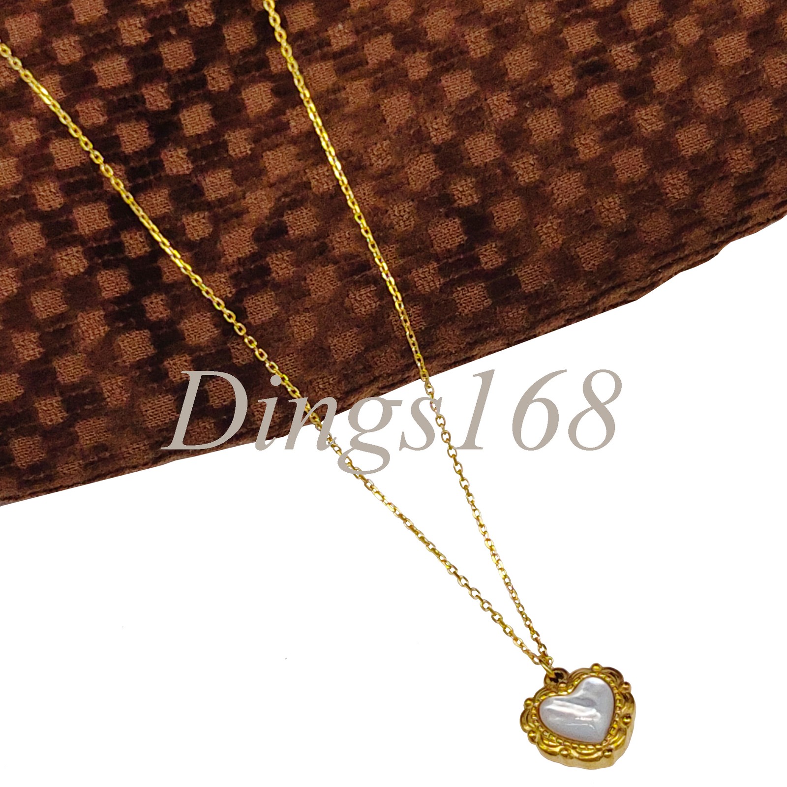 18K Yellow Gold Filled White Heart Seashell Pendant 17+2inch Rolo Chain Necklace