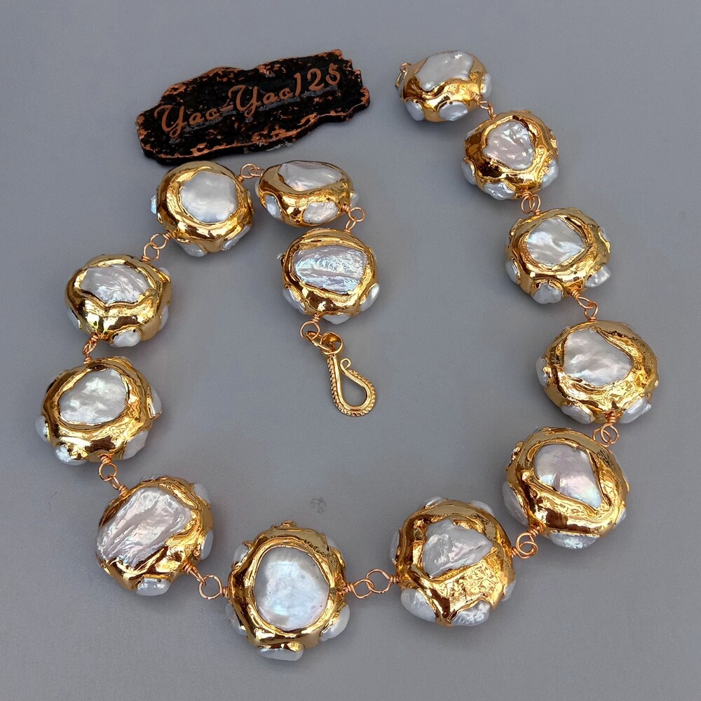 19.5″ Freshwater Cultured White Keshi Pearl Electroplated 24k Gold Necklace