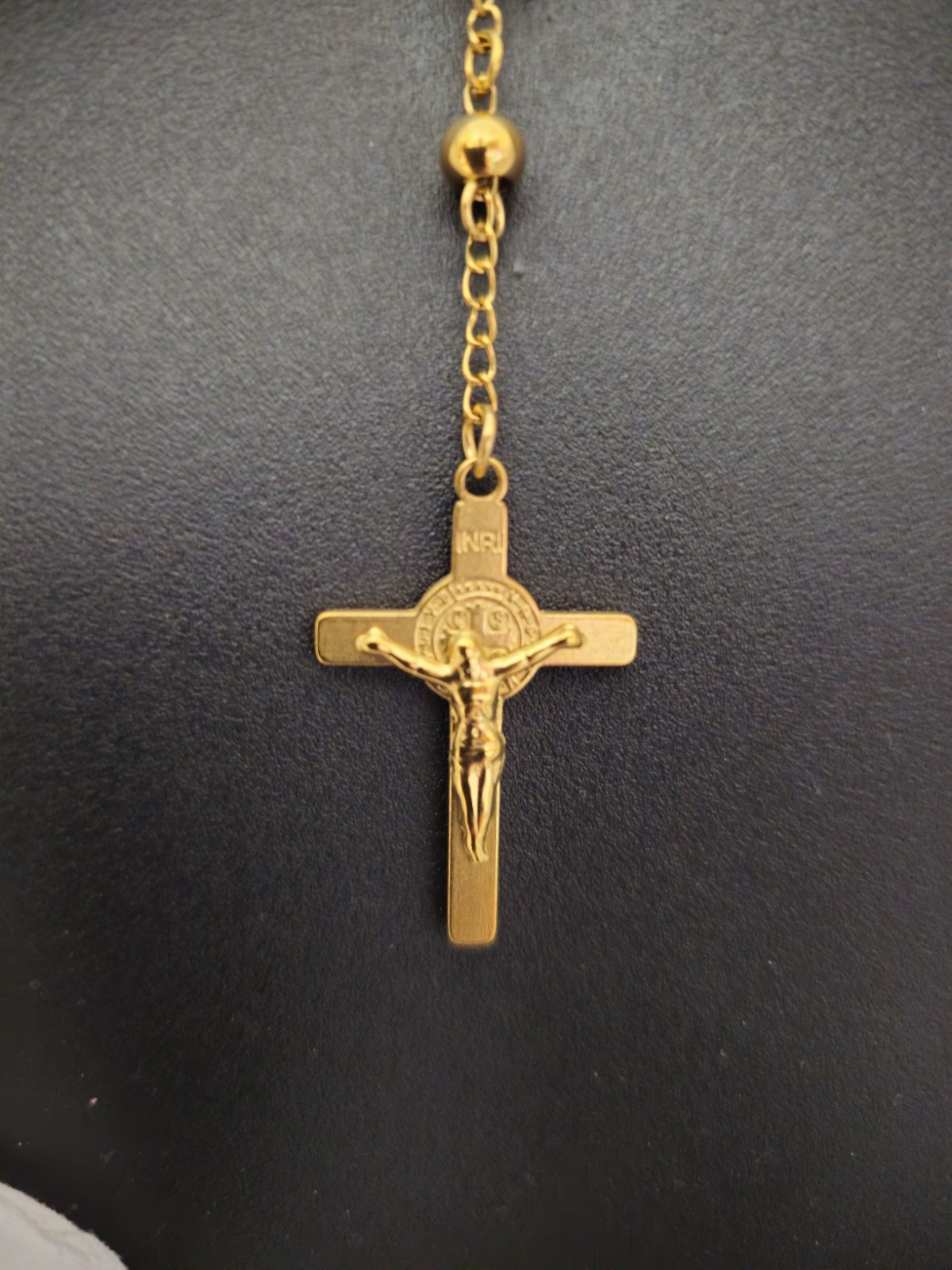 Gold Tone Stainless Steel Rosary Necklace Virgin Mary Crucifix Cross 60cm