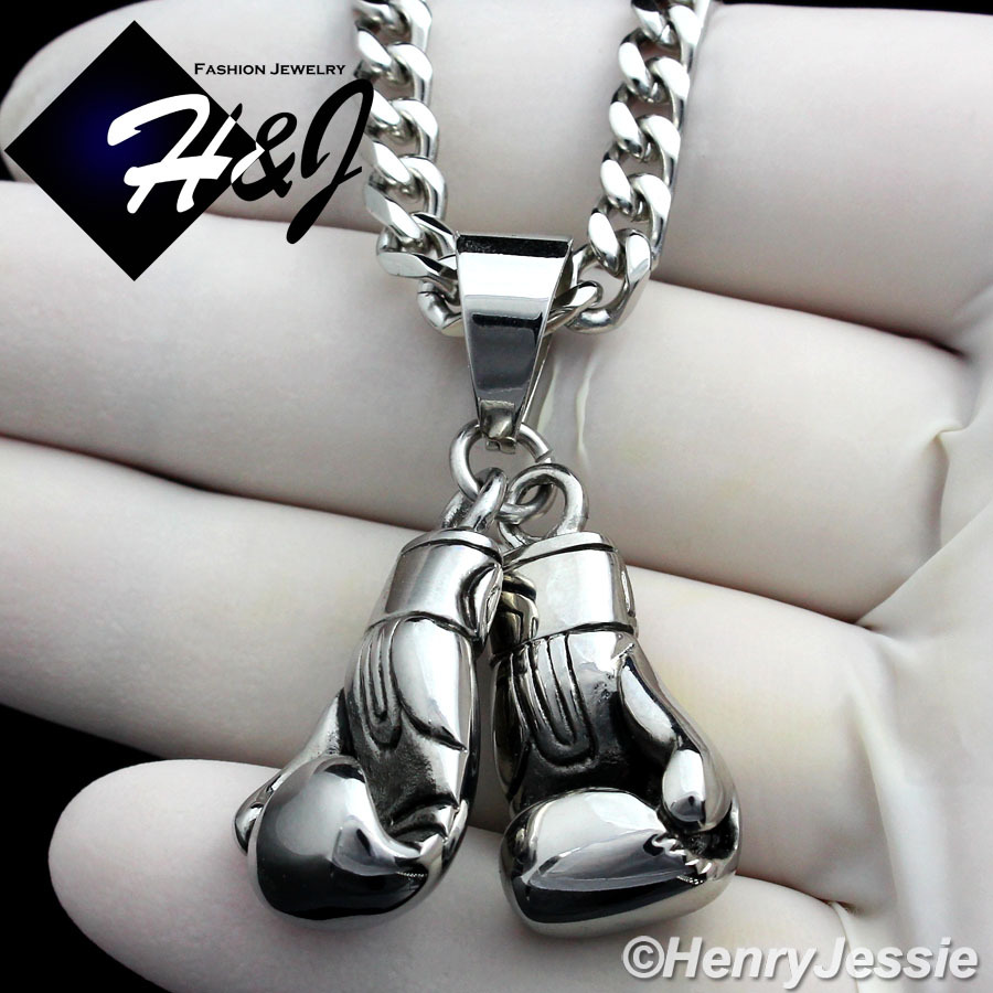 24″Stainless Steel 5mm Silver Cuban Chain Black Plated Boxing Glove Pendant*P87