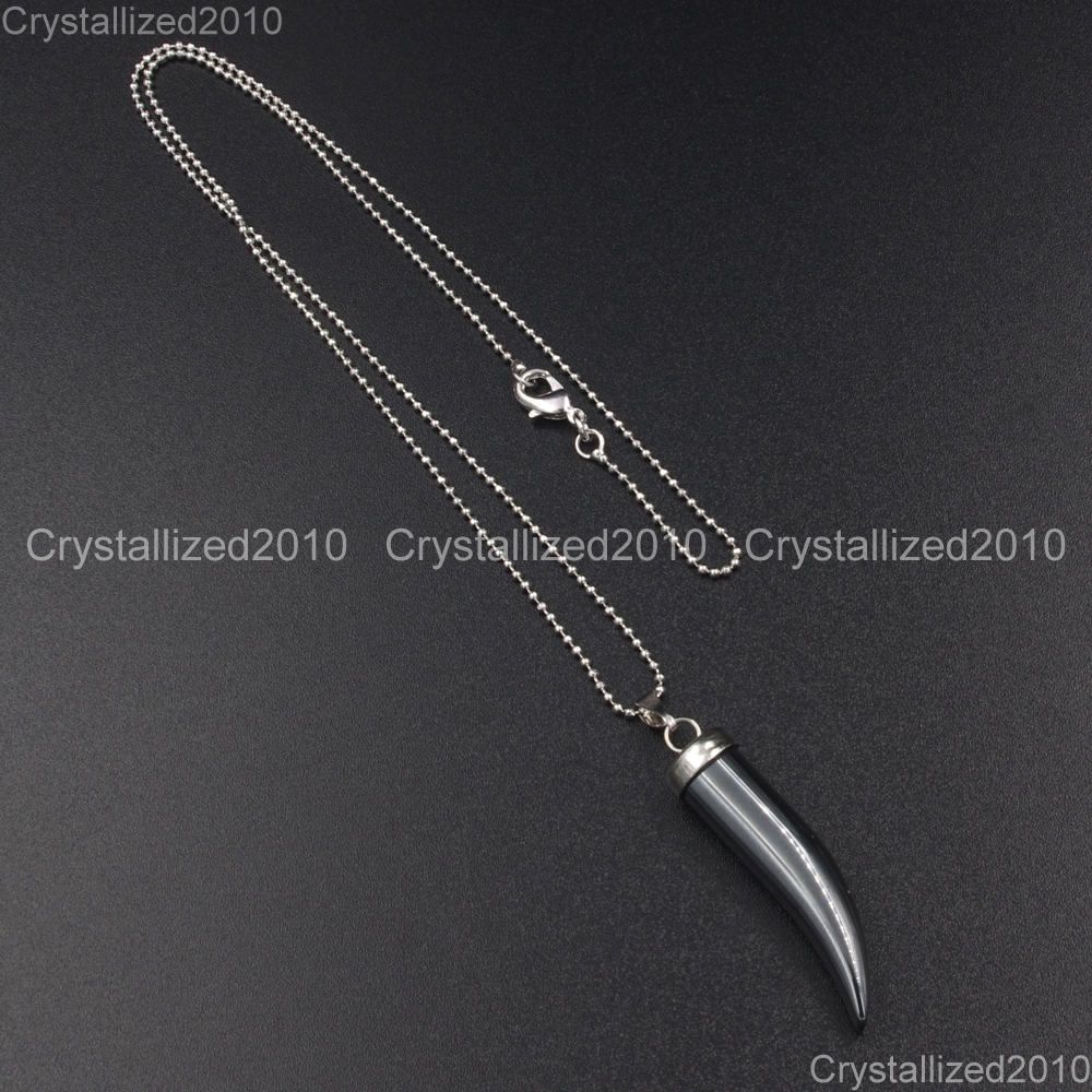 Natural Hematite Gemstone Horn Tusk Tooth Pendant Necklace Beads Silver Gold Cap
