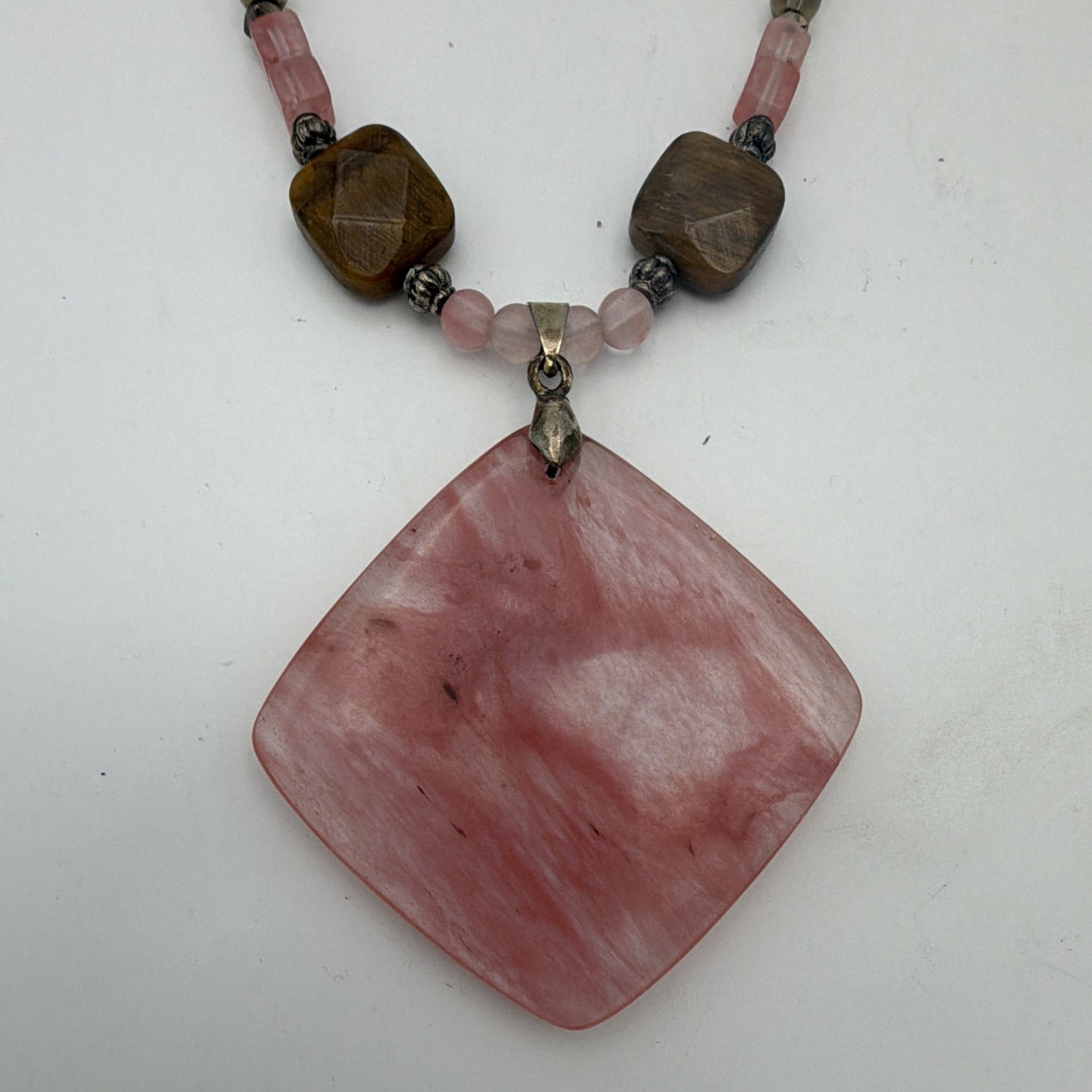 Pink & Brown Stone Beaded Necklace Square Pink Charm Pendant S Hook 20 in