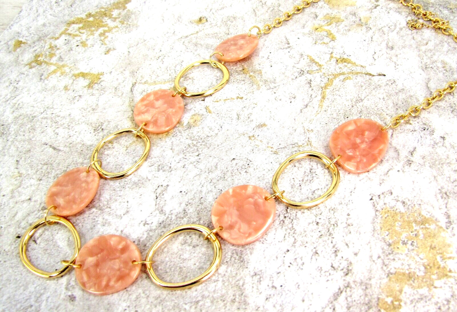 Pink and gold link necklace with pink flat marble look oval disk beads NEW