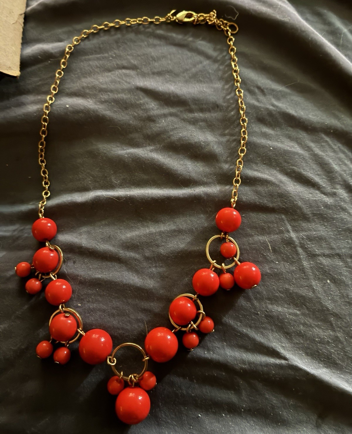 Gold Tone Cable Chain Necklace, Red Bead Cluster Drops, Lobster Clasp