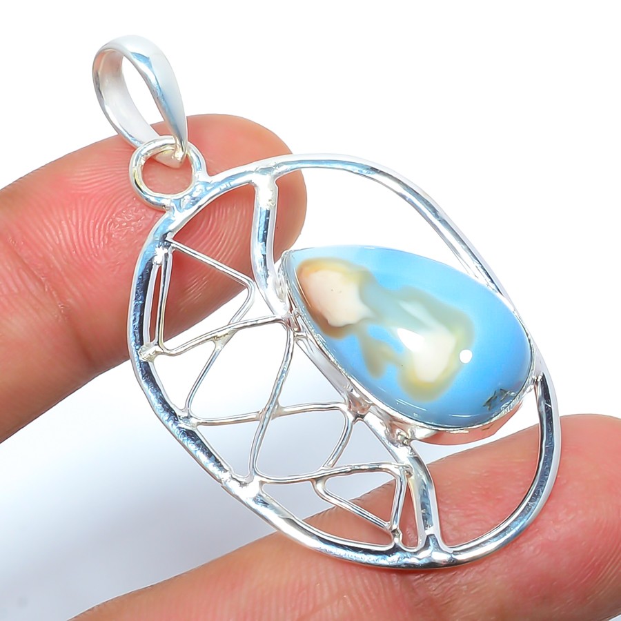 Blue Opal – Owyhee Gemstone 925 Silver Plated Pendant 1.95″ S2692