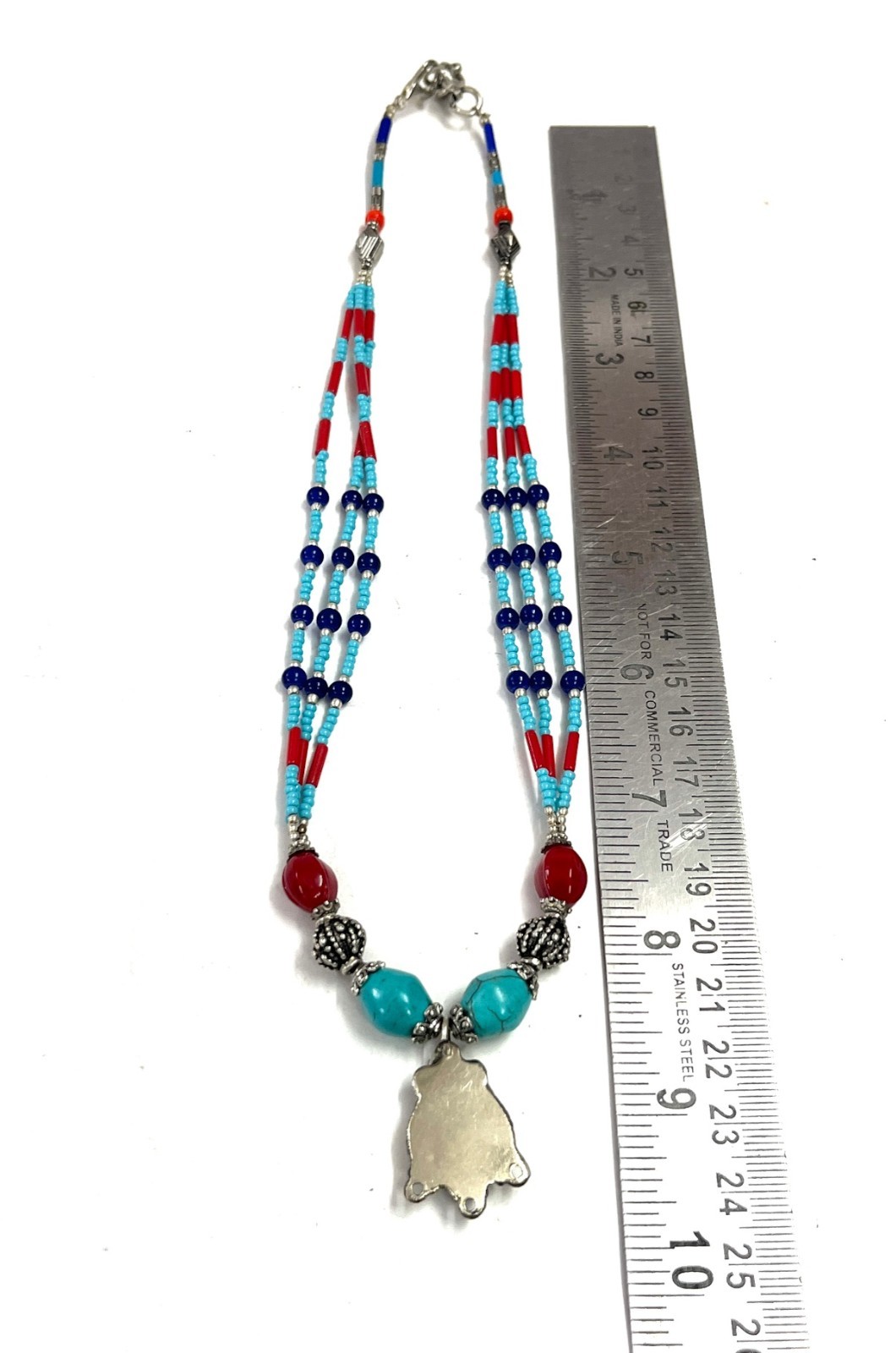 Turquoise Lapis Gemstone Tibetan Boho Pendant Necklace Jewelry, 17 Inc Adjs