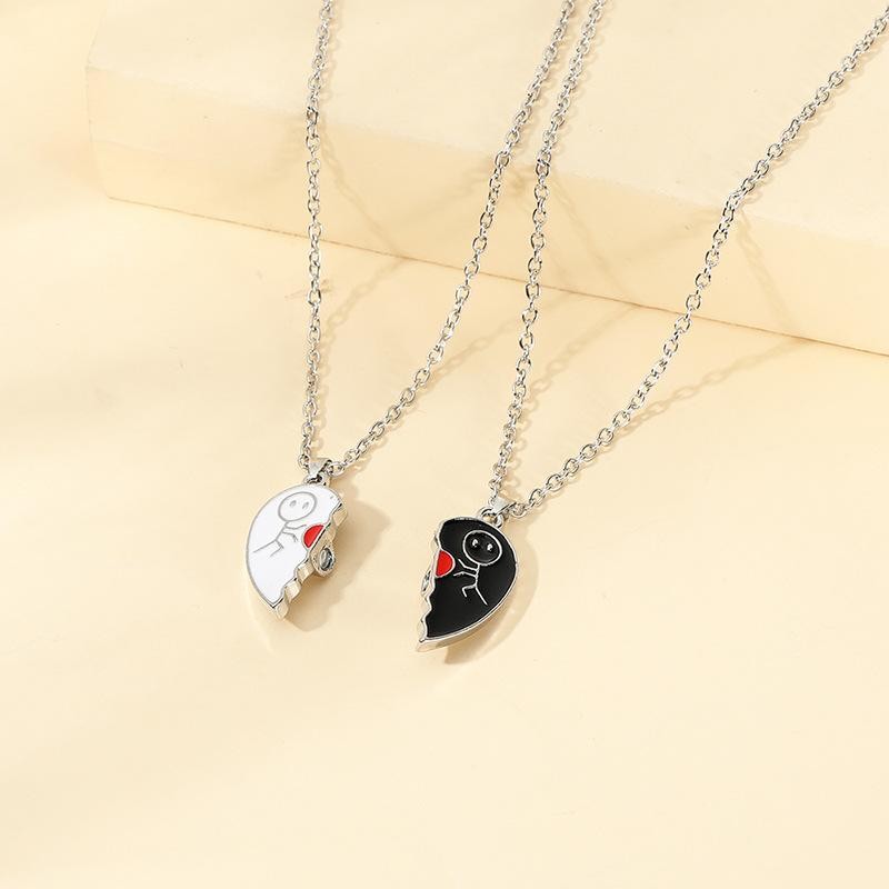 2pcs Magnet Matchstick People Lovers’ Black White Heart Pendant Chain Matching N