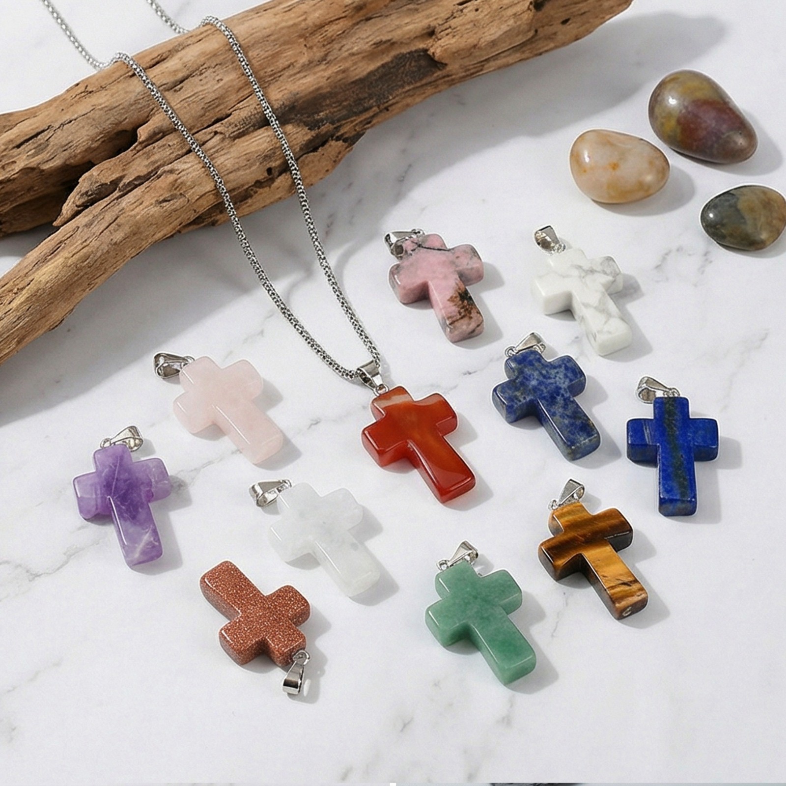 Natural 32mm Gemstone Cross Reiki Pendant Bead Jewelry Necklace 22 inch